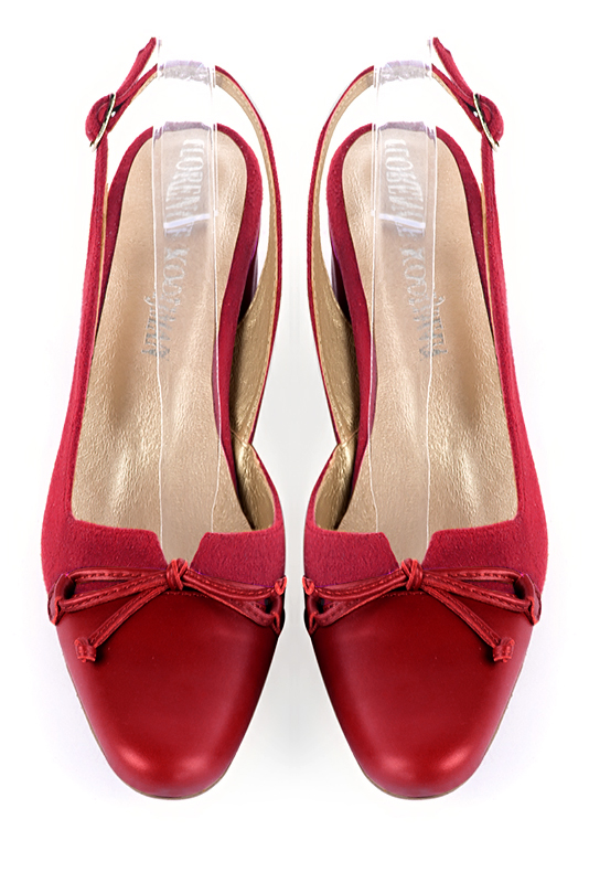 Cardinal red women's open back shoes, with a knot. Round toe. Low flare heels. Top view - Florence KOOIJMAN